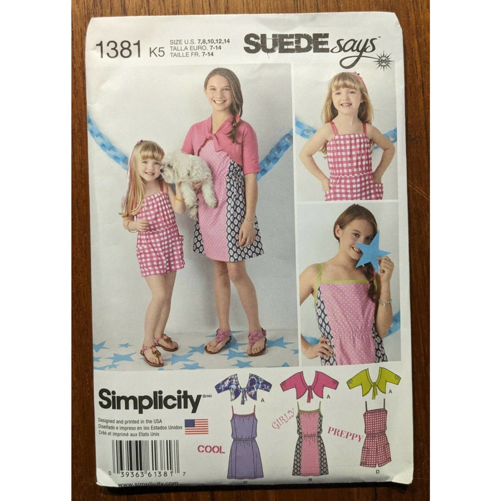 UNCUT Simplicity Pattern 1381 Girls SUEDE SAYS Dress, Romper Cardigan. Sz 7-14